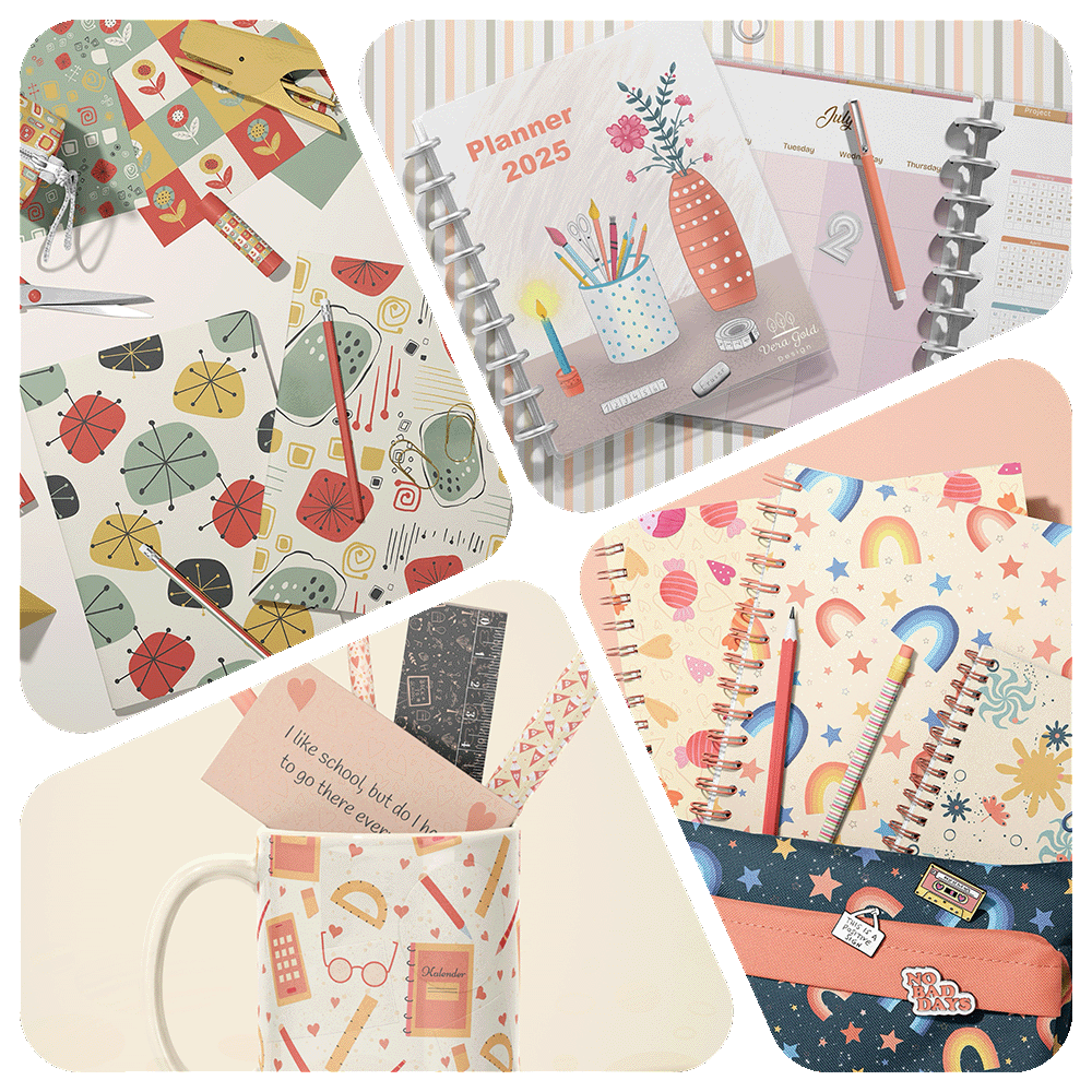 Back-to-School-Mockup - Collage mit allen vier Mockups mit Rucksack, Spiralheften und bunten Regenbogenmustern – von Vera Gold Design.“
