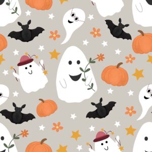 Freundliche kleine Geister, gemütliche Kürbisse und flatternde Fledermäuse auf beigen Hintergrund von Vera Gold Design.